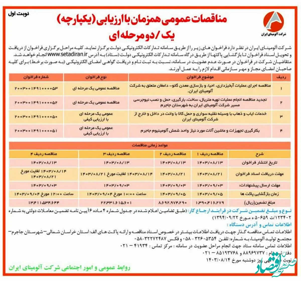 چاپ و انتشار نوبت اول مناقصات عمومی شرکت آلومینای ایران در روزنامه های