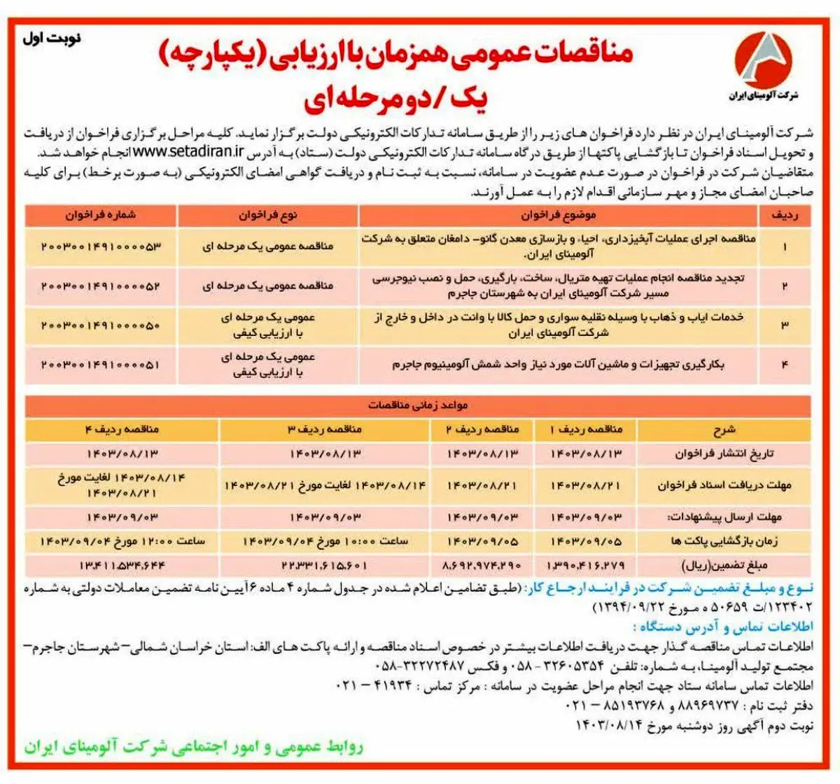 چاپ و انتشار نوبت اول مناقصات عمومی شرکت آلومینای ایران در روزنامه های