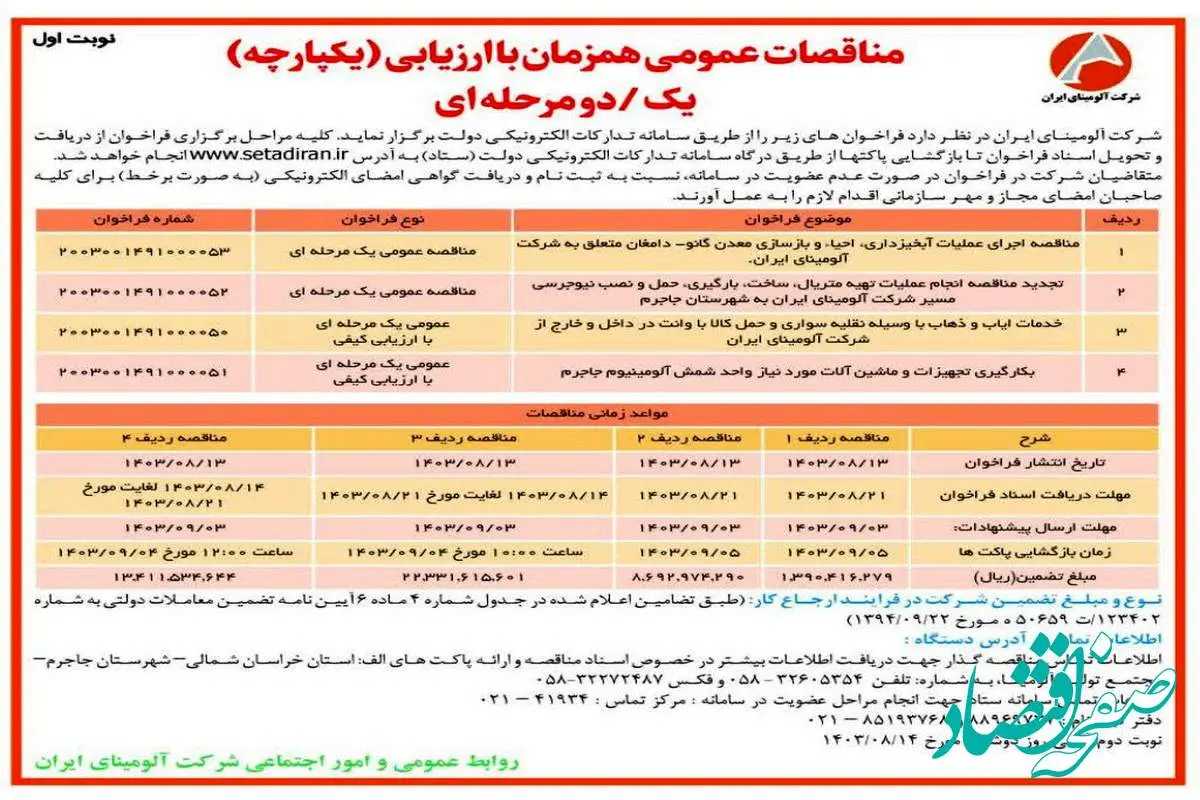 چاپ و انتشار نوبت اول مناقصات عمومی شرکت آلومینای ایران در روزنامه های