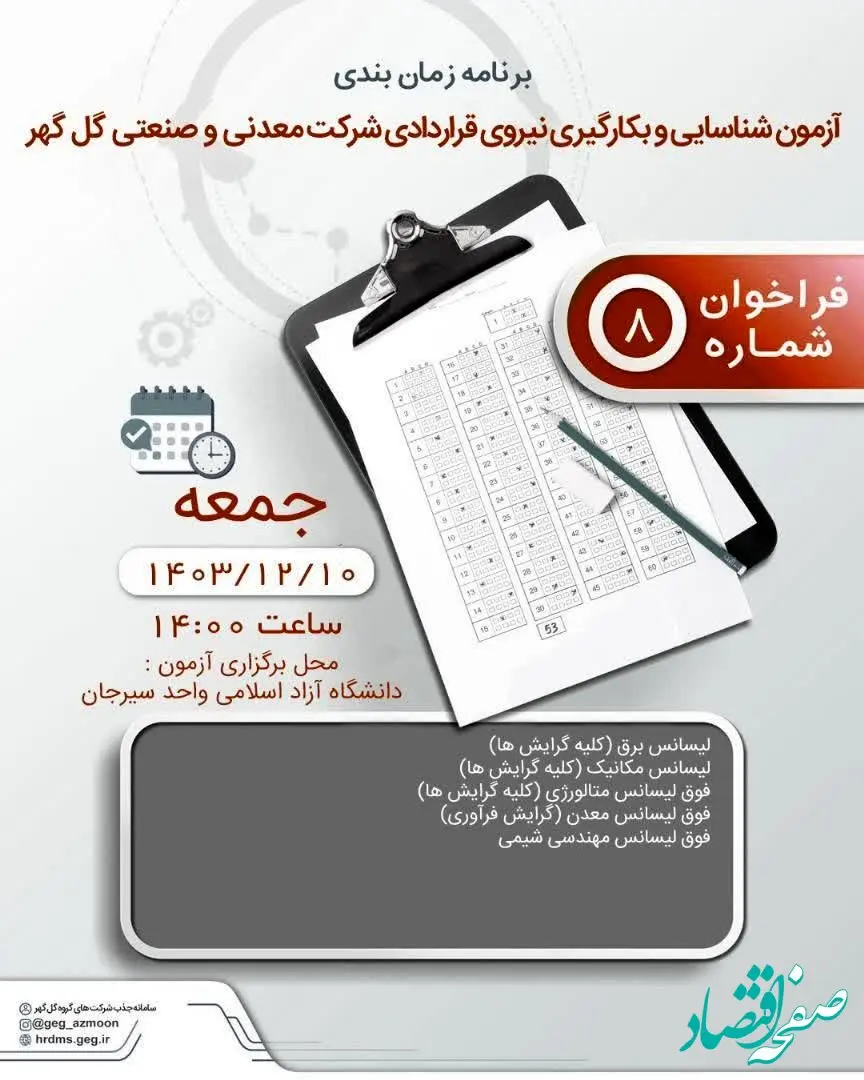 برنامه زمان‌بندی آزمون و بکارگیری نیروی قراردادی شرکت معدنی و صنعتی گل گهر