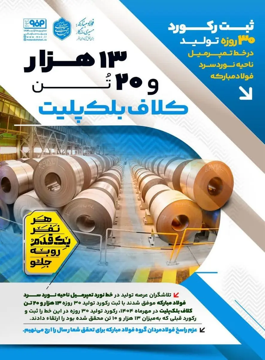 ثبت رکورد ۳۰ روزه تولید ۱۳هزار و ۲۰ تن کلاف بلک پلیت در خط تمپرمیل ناحیه نورد سرد فولاد‌مبارکه