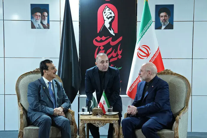 دیدار قالیباف و رئیس مجلس سنای پاکستان در حاشیه مراسم وداع رهبر شهید؛ تأکید بر تقویت همکاری‌های پارلمانی و روابط دو جانبه