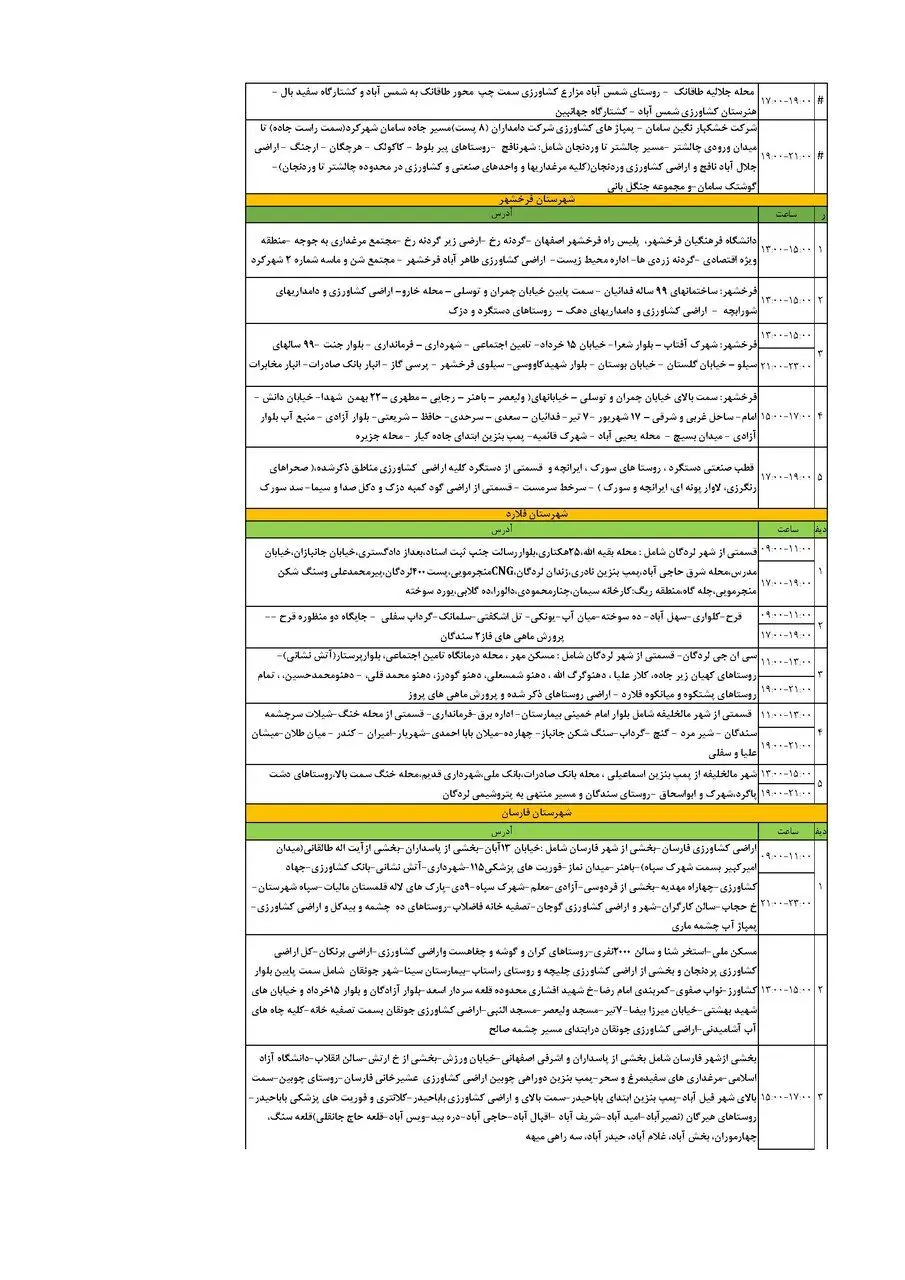 برنامه قطعی برق چهارمحال‌ و بختیاری‌ یکشنبه ۹ شهریور + جدول