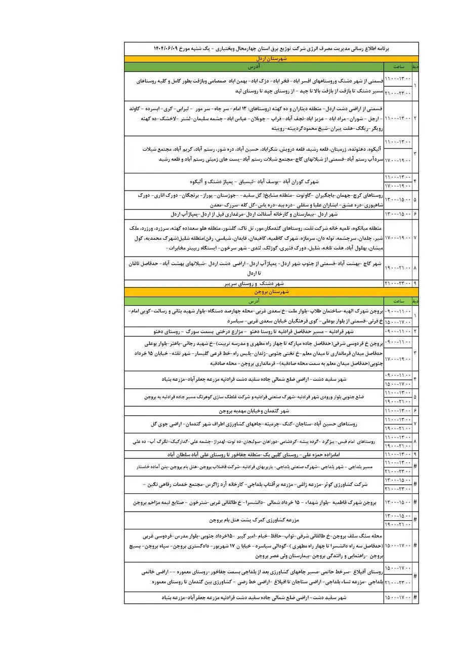 برنامه قطعی برق چهارمحال‌ و بختیاری‌ یکشنبه ۹ شهریور + جدول