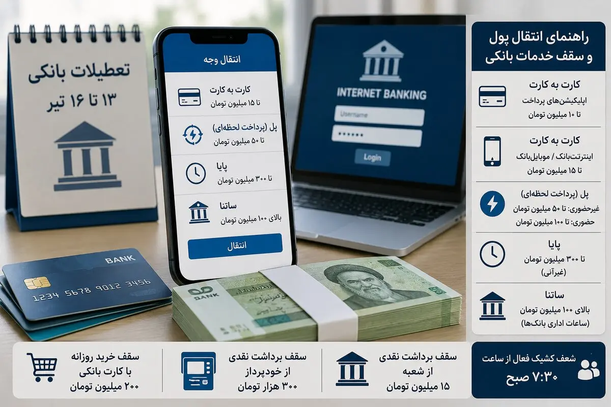 پادکست | تعطیلات بانکی ۱۳ تا ۱۶ تیر؛ راهنمای انتقال پول و سقف خدمات بانکی