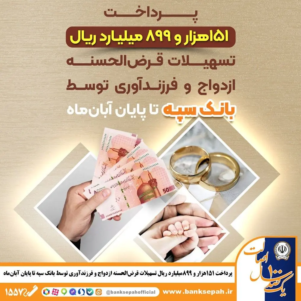 پرداخت ۱۵۱ هزار و ۸۹۹ میلیارد ریال تسهیلات قرض‌الحسنه ازدواج و فرزندآوری توسط بانک سپه تا پایان آبان‌ماه