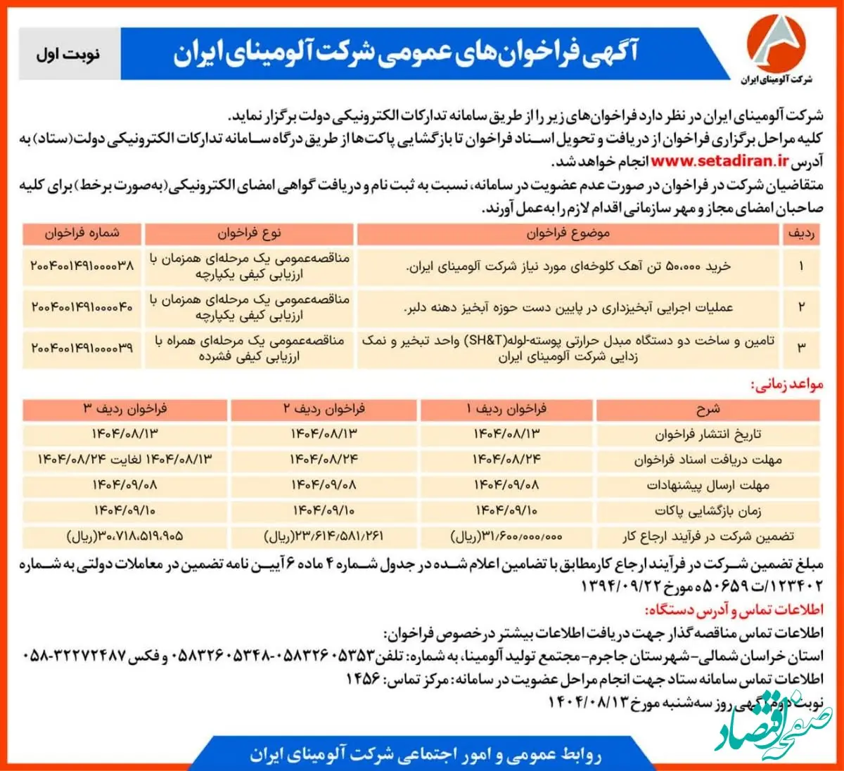 چاپ و انتشار نوبت اول آگهی فراخوان های شرکت آلومینای ایران در روزنامه های