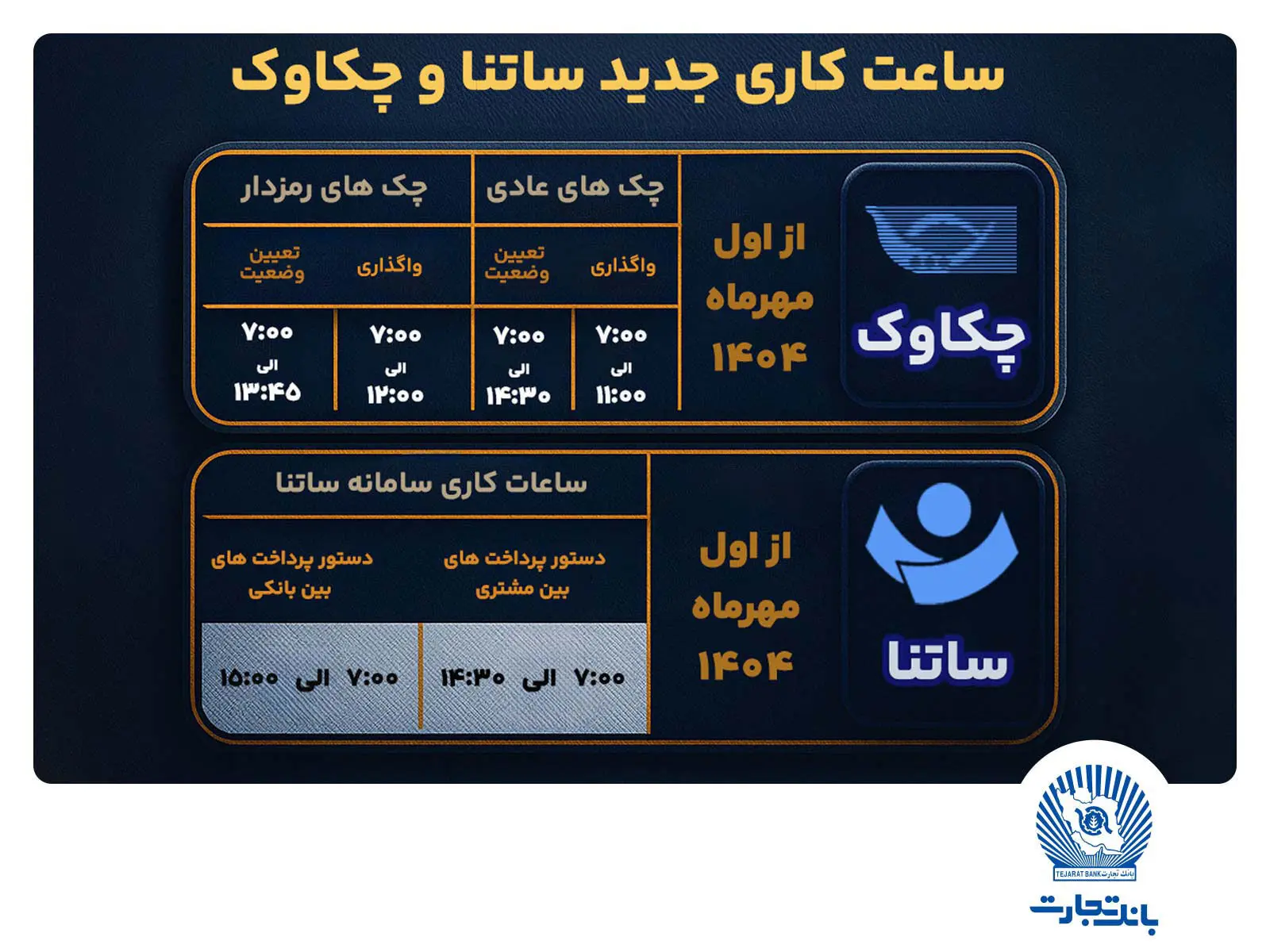 تغییر ساعت کاری سامانه‌های ساتنا و پایا در بانک تجارت