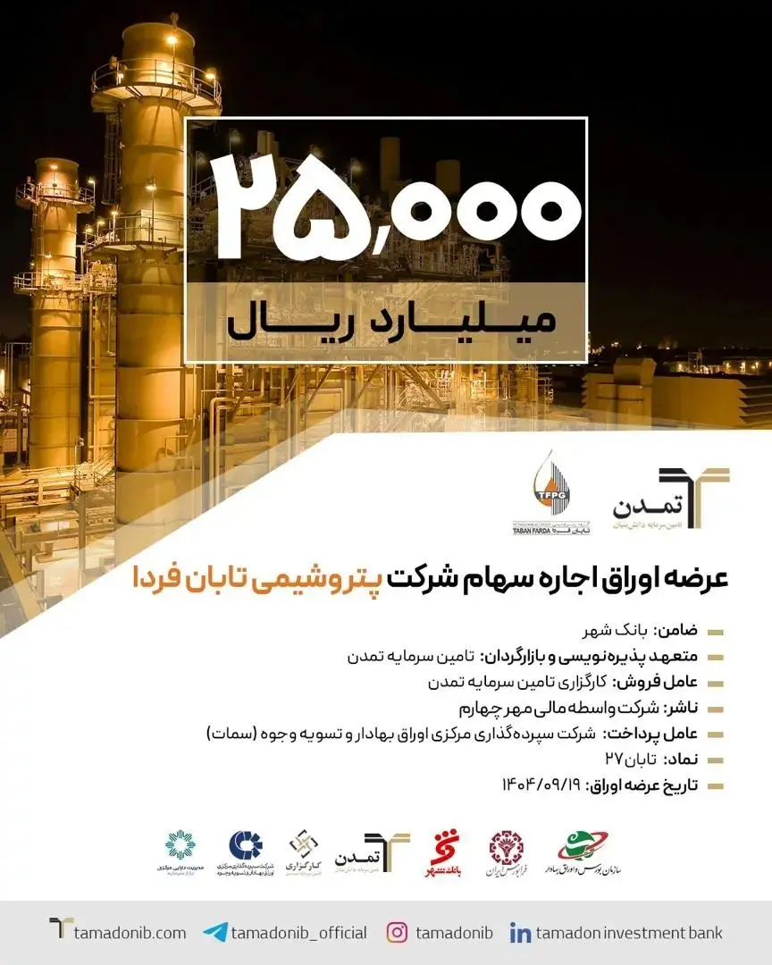 آغاز پذیره‌نویسی 2.5همتی اوراق اجاره سهام «پتروشیمی تابان فردا» توسط تامین سرمایه تمدن