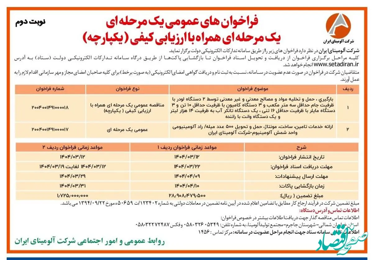 چاپ و انتشار نوبت دوم آگهی فراخوان های عمومی شرکت آلومینای ایران در روزنامه های