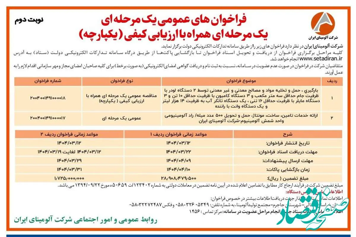 چاپ و انتشار نوبت دوم آگهی فراخوان های عمومی شرکت آلومینای ایران در روزنامه های