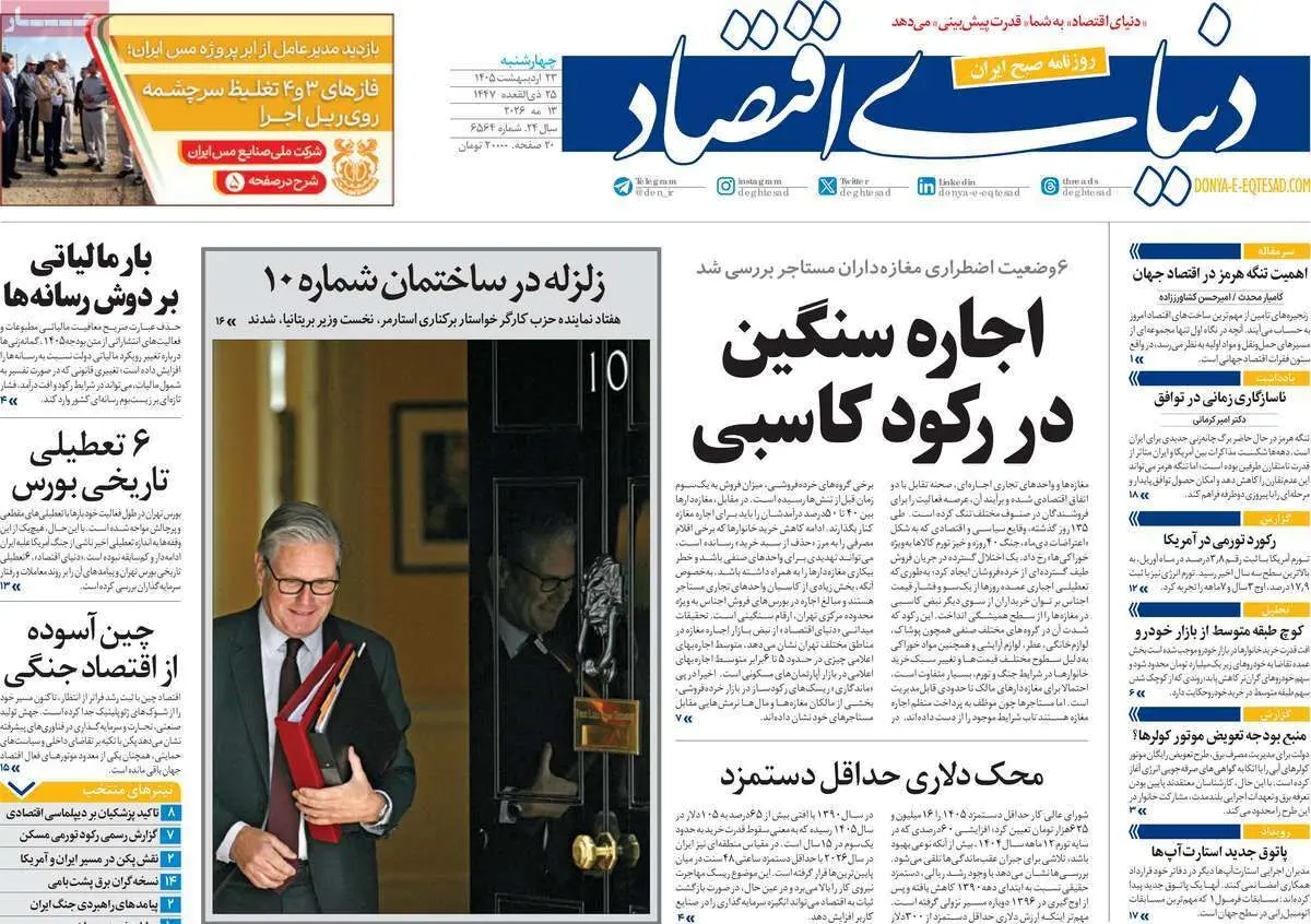 صفحه نخست روزنامه های اقتصادی امروز چهارشنبه ۲۳ اردیبهشت ماه ۱۴۰۵