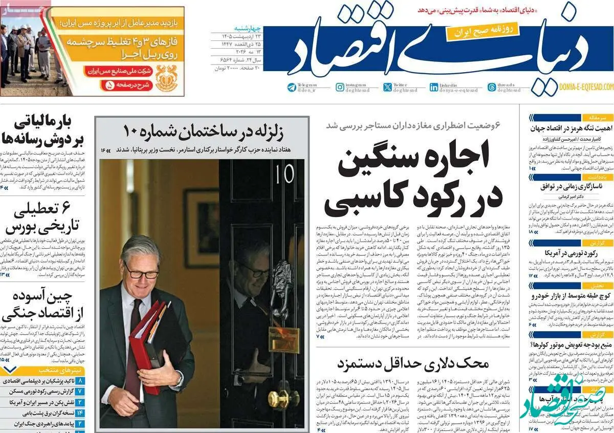 صفحه نخست روزنامه های اقتصادی امروز چهارشنبه ۲۳ اردیبهشت ماه ۱۴۰۵