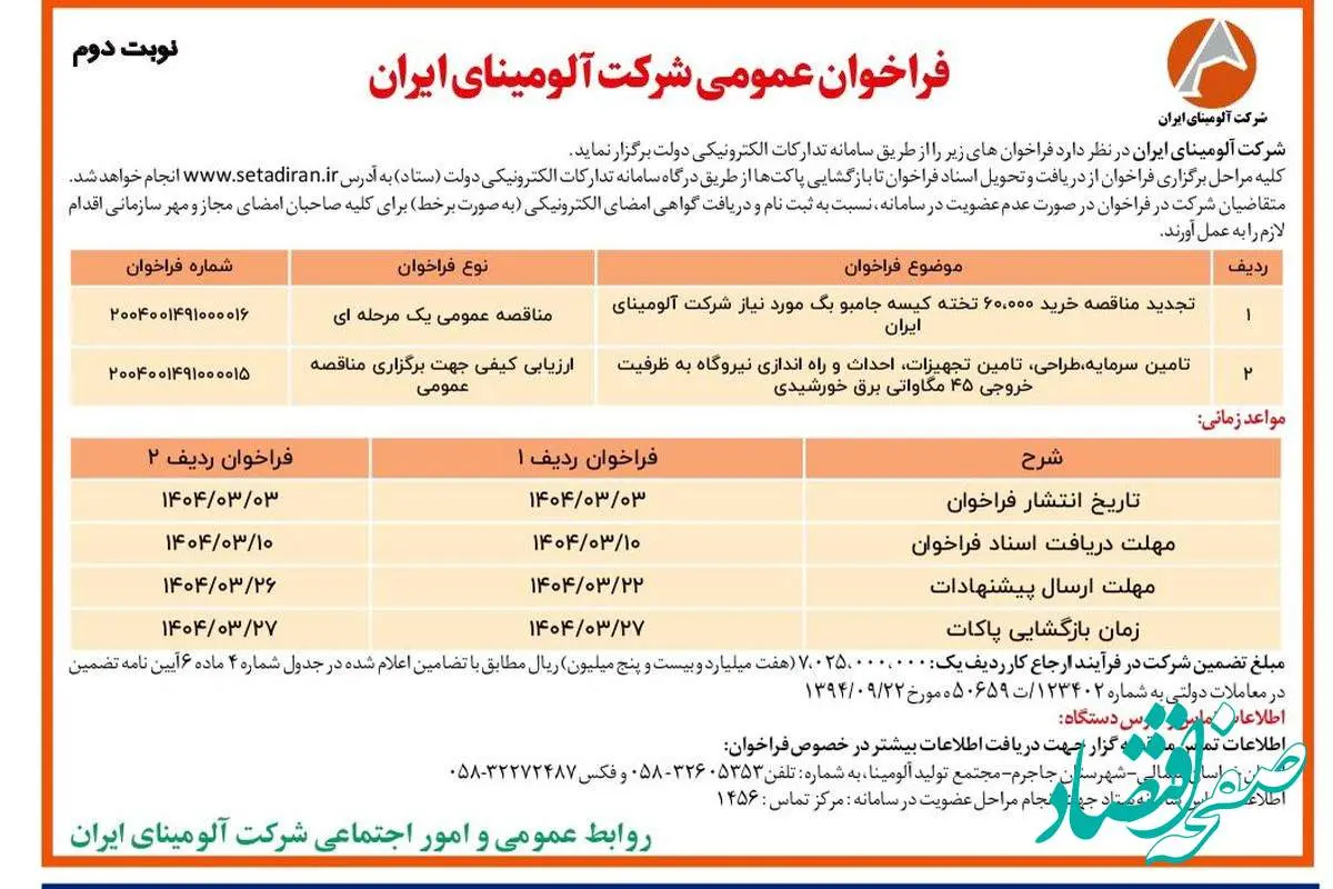 چاپ و انتشار نوبت دوم آگهی فراخوان های عمومی شرکت آلومینای ایران در روزنامه های