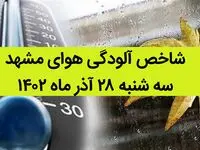 شاخص آلودگی هوای مشهد امروز سه شنبه ۲۸ آذر ۱۴۰۲ + کیفیت هوای مشهد امروز به تفکیک مناطق