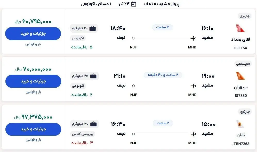 پرواز قیمت بلیت هواپیما به مقصد عراق | قیمت بلیت رفت و برگشت هواپیما به نجف چقدر است؟