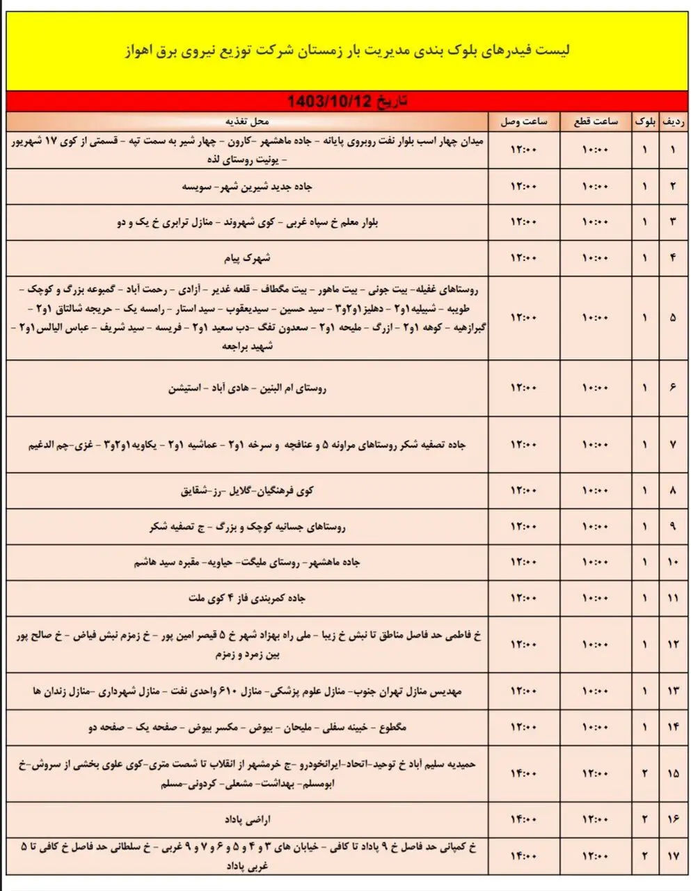 برنامه قطعی برق اهواز چهارشنبه ۱۲ دی + جدول و لیست مناطق