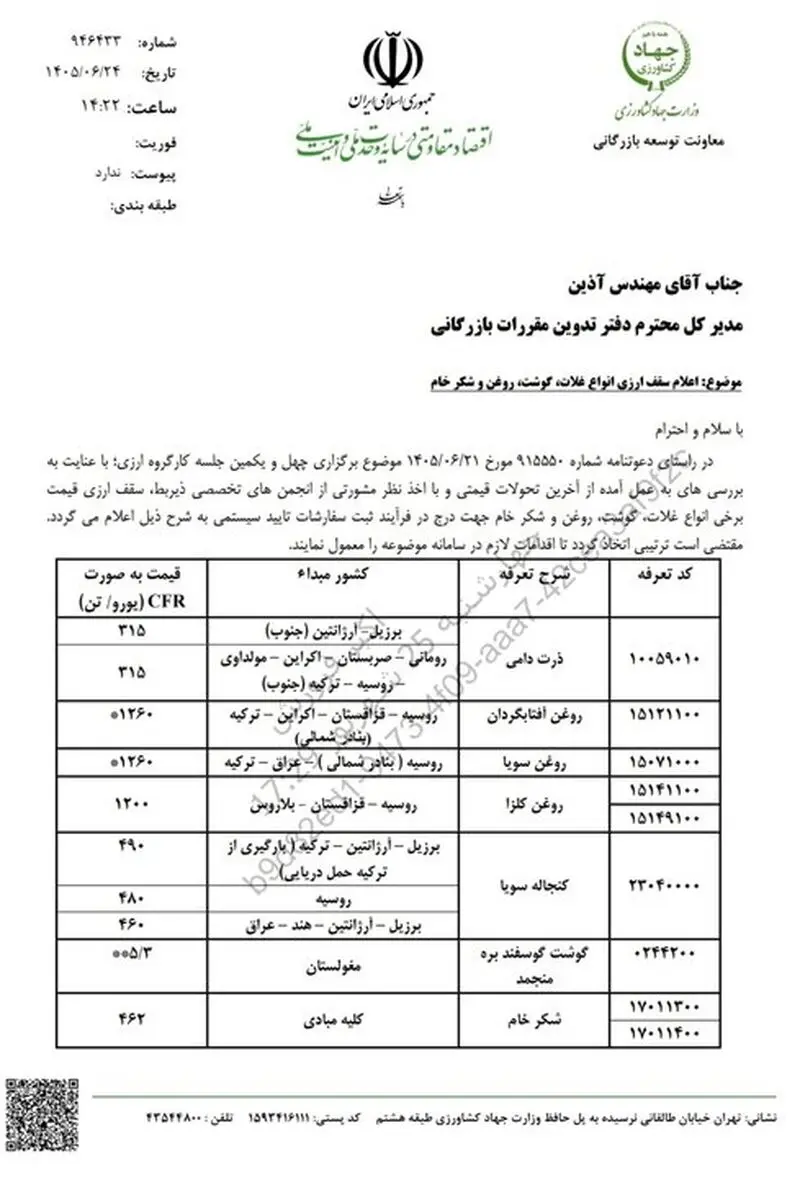 سقف ارزی واردات غلات، روغن، گوشت و شکر خام اعلام شد