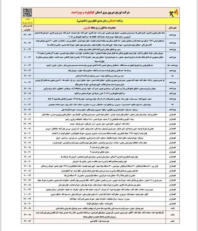 خاموشی با برنامه برق در کهگیلویه و بویراحمد