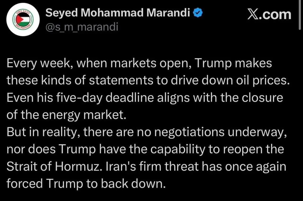 مرندی: نه مذاکره‌ای در کار است و نه تنگه هم باز می شود