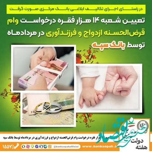 تعیین شعبه ۱۴ هزار فقره درخواست وام‌ قرض‌الحسنه ازدواج و فرزندآوری در مرداد‌ماه توسط بانک سپه