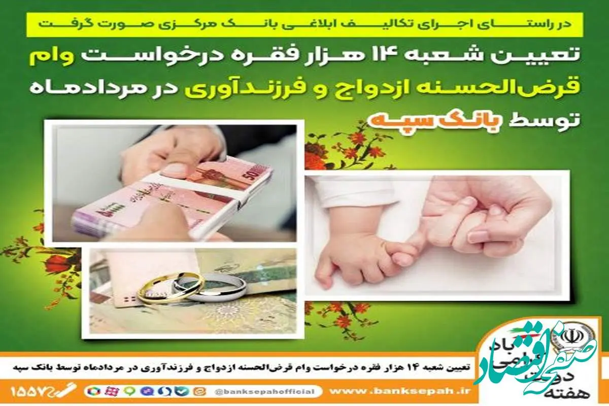 تعیین شعبه ۱۴ هزار فقره درخواست وام‌ قرض‌الحسنه ازدواج و فرزندآوری در مرداد‌ماه توسط بانک سپه