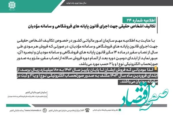  مشمولین ارسال صورتحساب الکترونیکی نوع 1 و 2 به سامانه مودیان از ابتدای سال 1403