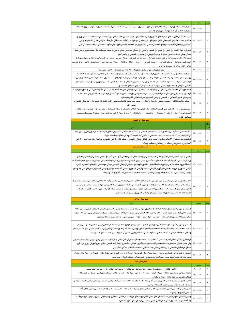 برنامه قطعی برق چهارمحال‌ و بختیاری‌ پنجشنبه ۲۲ خرداد + جدول
