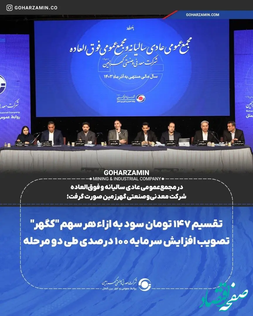 تقسیم ۱۴۷ تومان سود به ازاء هر سهم ” کگهر “ / تصویب افزایش سرمایه ۱۰۰ درصدی طی دو مرحله