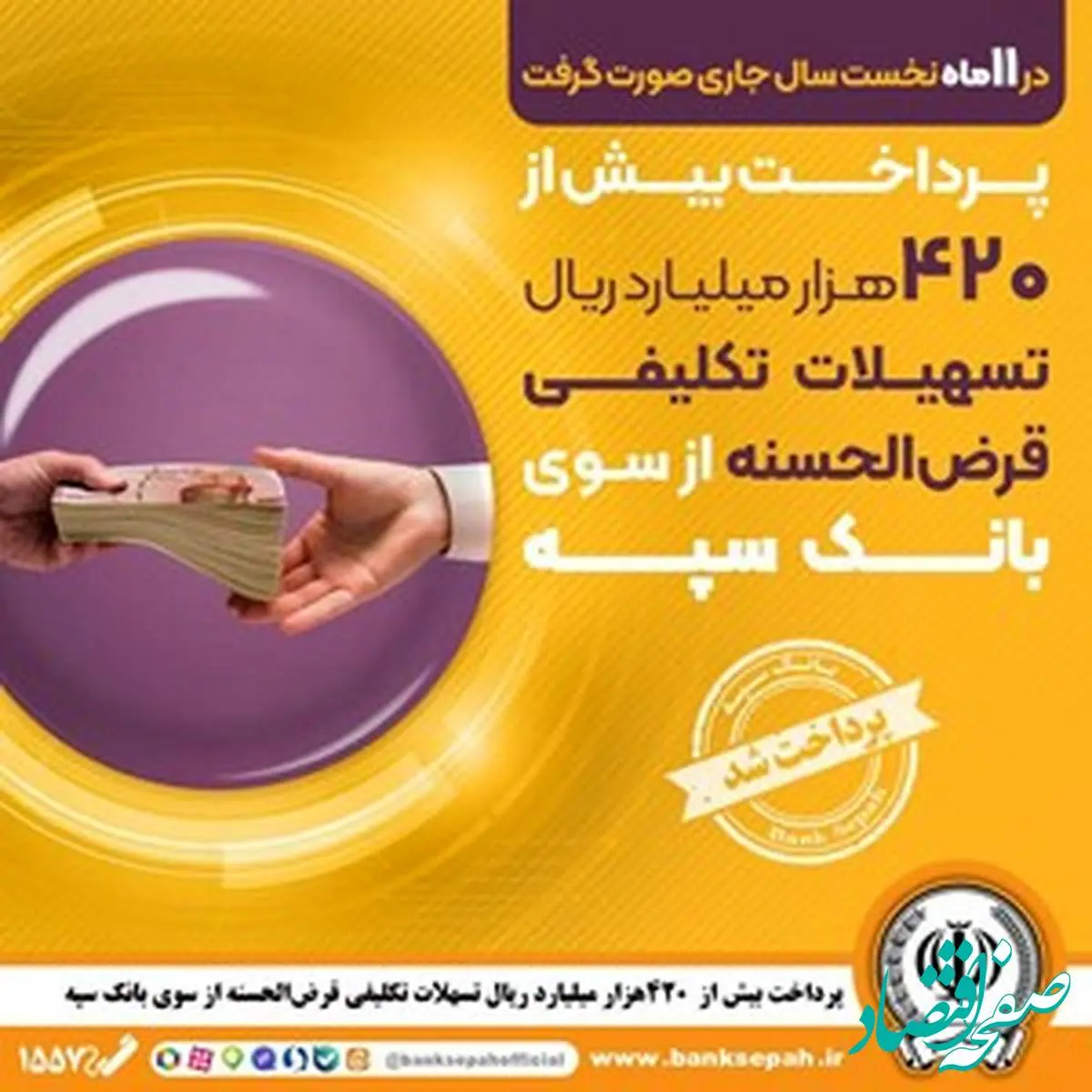 پرداخت بیش از 420 هزار میلیارد ریال تسهیلات تکلیفی قرضالحسنه از سوی بانک سپه