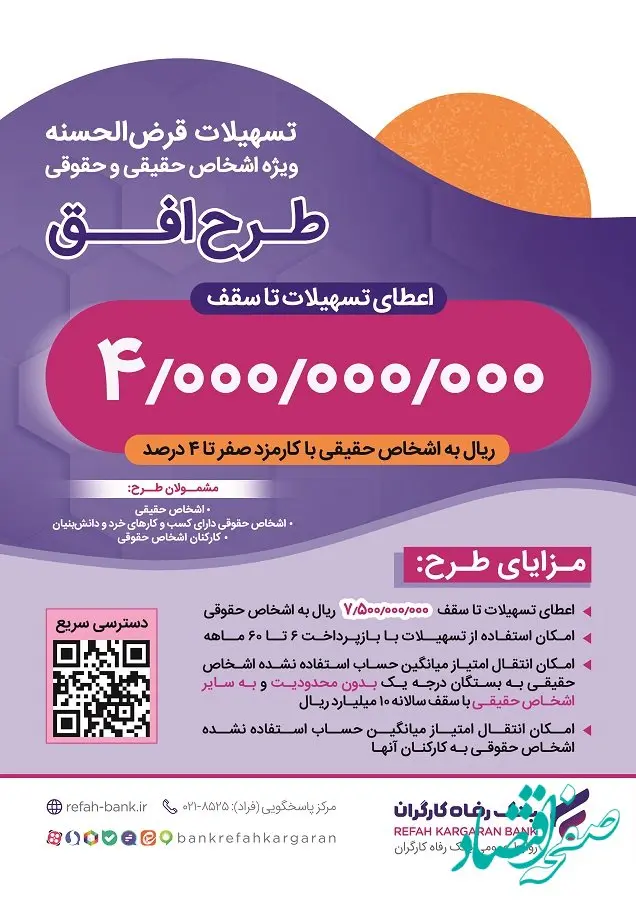 مبلغ تسهیلات قرض‌الحسنه طرح "افق" بانک رفاه کارگران افزایش یافت