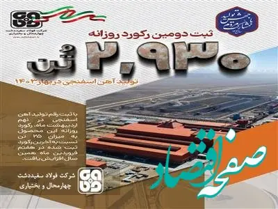 دومین رکورد روزانه تولید آهن اسفنجی در شرکت فولاد سفیددشت