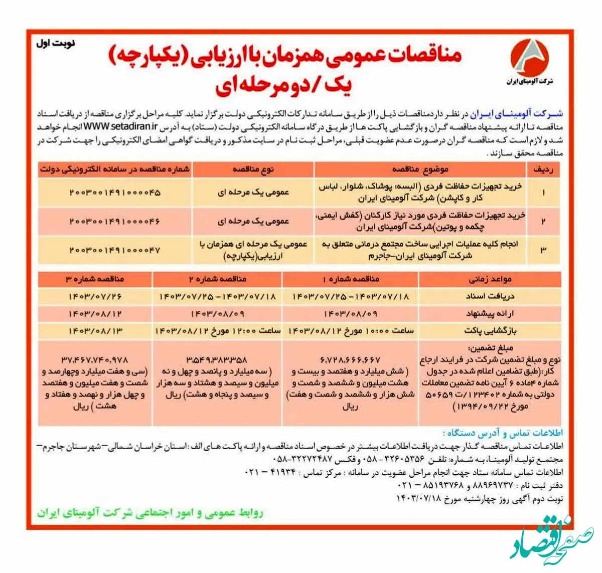 چاپ و انتشار نوبت اول مناقصات عمومی شرکت آلومینای ایران در روزنامه های