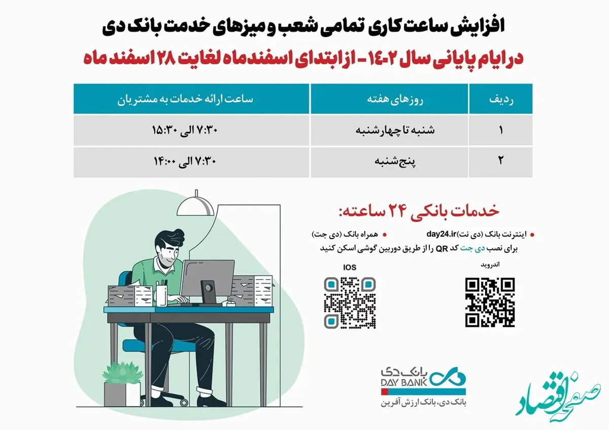 افزایش ساعت کاری شعب بانک دی در اسفند ماه