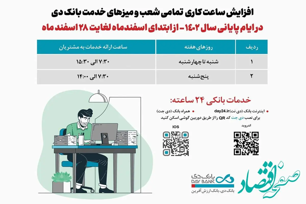 افزایش ساعت کاری شعب بانک دی در اسفند ماه