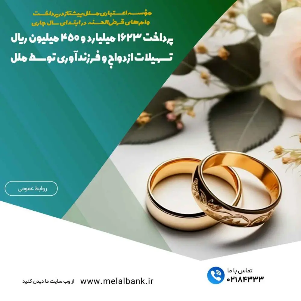 پرداخت ۱۶۲۳ میلیارد و ۴۵۰ میلیون ریال تسهیلات ازدواج و فرزندآوری توسط ملل