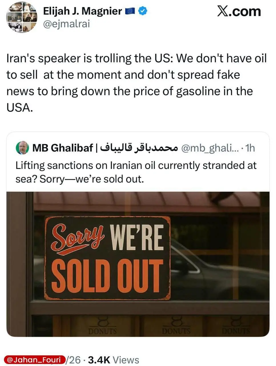 واکنش الیجا مگنیر، روزنامه‌نگار و خبرنگار باسابقه‌ی حوزه‌ی جنگ به توییت اخیر قالیباف