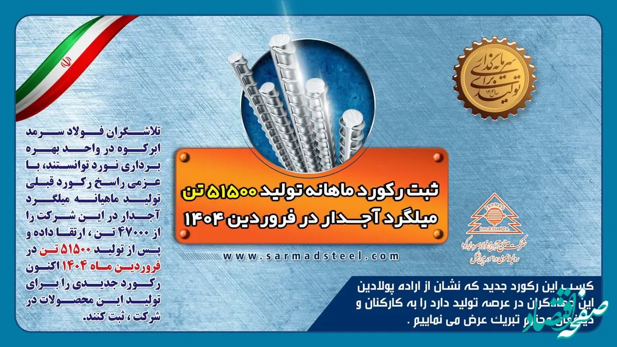 ثبت رکورد جدید تولید ماهیانه به میزان 51500 تن در فروردین 1404 در شرکت فولاد سرمد
