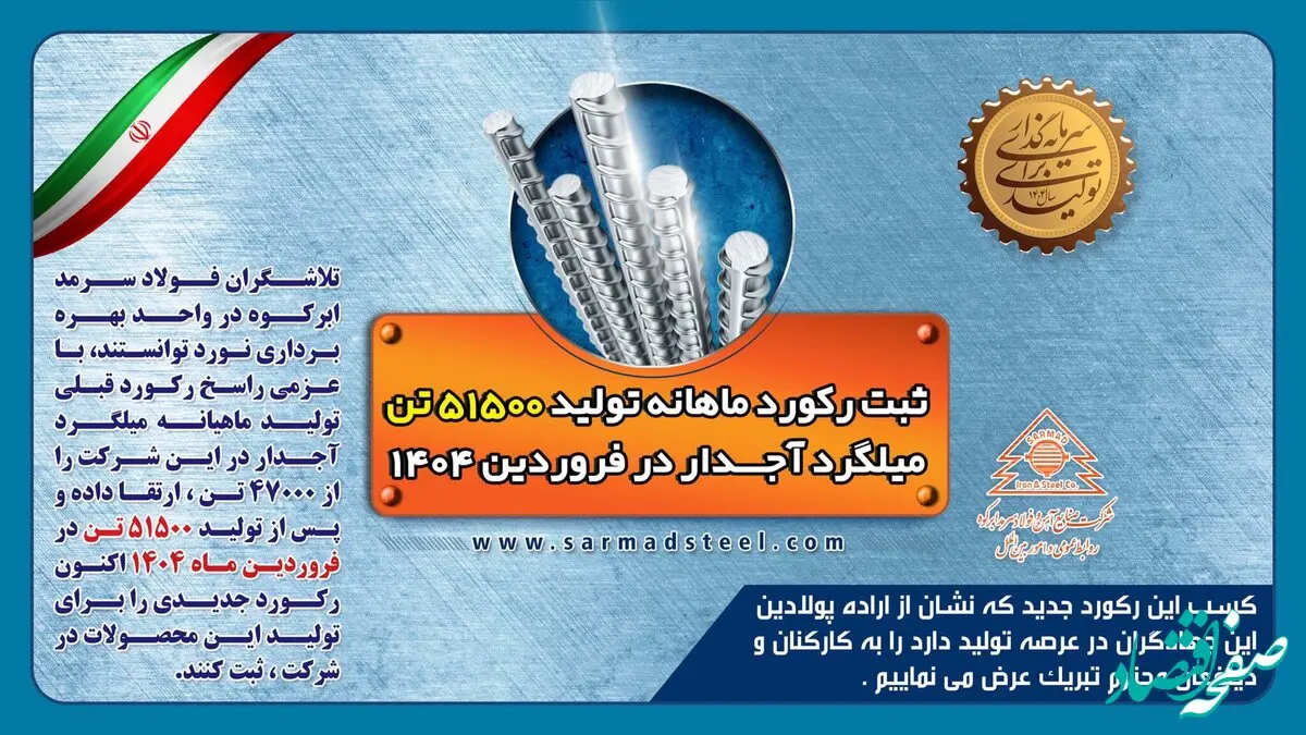 ثبت رکورد جدید تولید ماهیانه به میزان 51500 تن در فروردین 1404 در شرکت فولاد سرمد