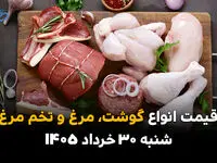 قیمت گوشت، مرغ و تخم‌مرغ امروز ۳۰ خرداد ۱۴۰۵ | جدیدترین نرخ بازار مواد پروتئینی