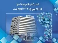 شعب کشیک بیمه آسیا در ایام نوروز 1404 اعلام شد