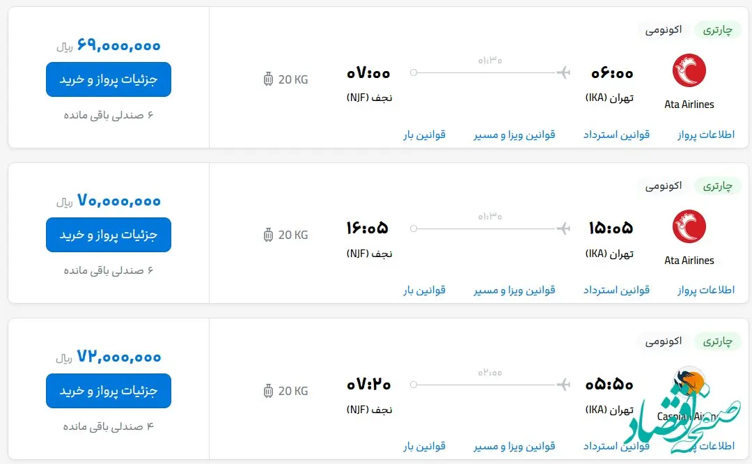 قیمت بلیط هواپیما تهران-نجف، امروز پنجشنبه ۶ اردیبهشت ماه ۱۴۰۳
