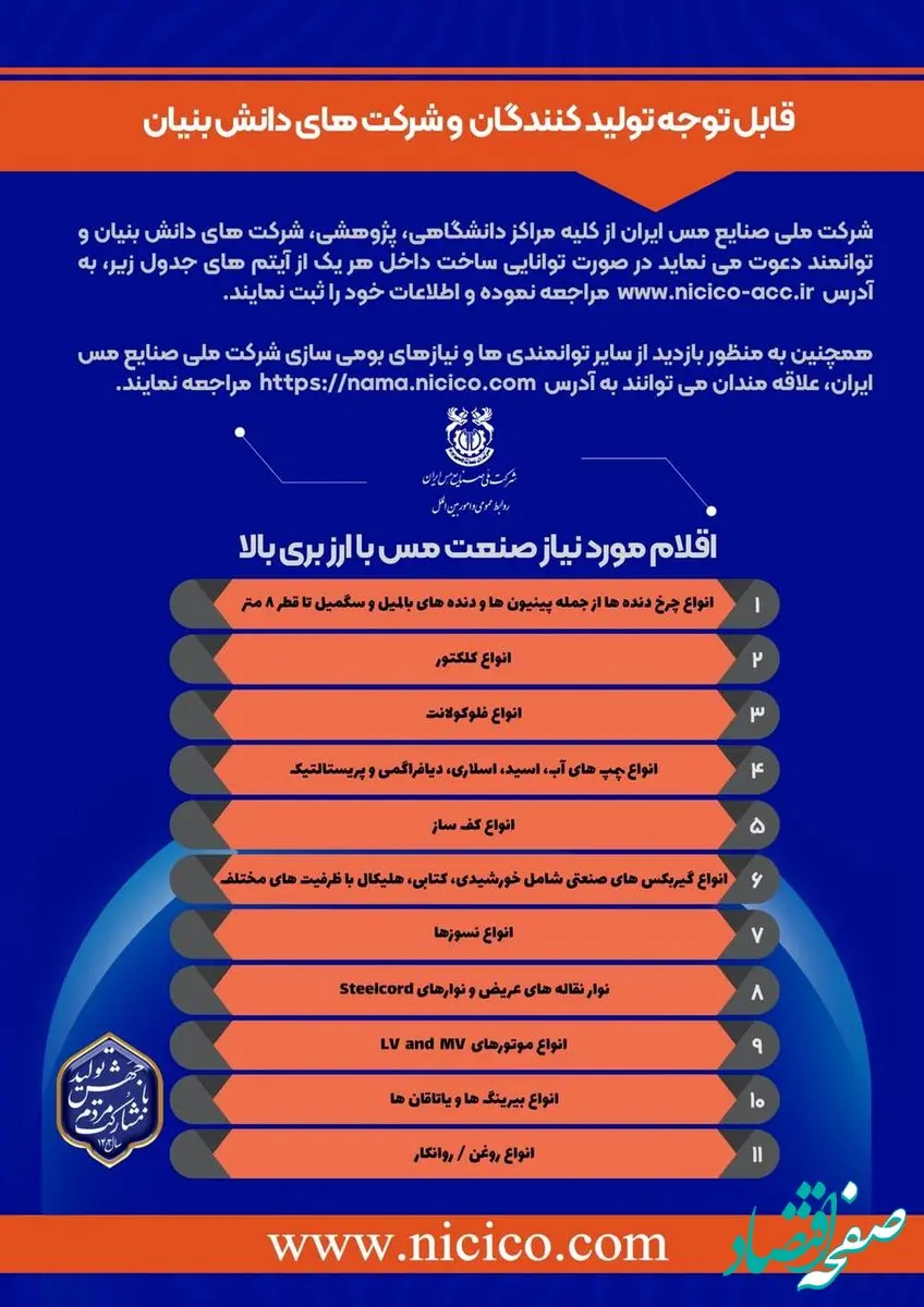 فراخوان شرکت ملی مس برای جلب مشارکت تولیدکنندگان داخلی/عزم جدی برای تحقق شعار «ساخت داخل»