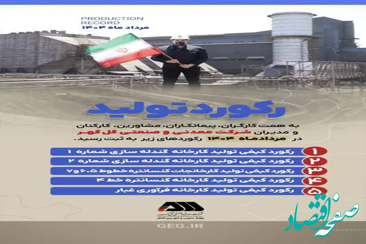 رکوردهای تولید کارخانجات شرکت معدنی و صنعتی گل گهر در مردادماه ۱۴۰۴
