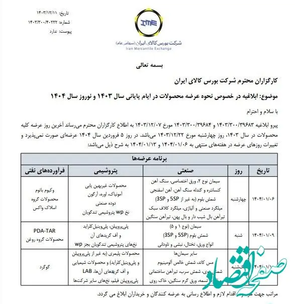 اطلاعیه بورس کالا در خصوص نحوه عرضه محصولات در روزهای پایانی اسفند و نوروز ١۴٠۴