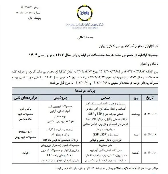 اطلاعیه بورس کالا در خصوص نحوه عرضه محصولات در روزهای پایانی اسفند و نوروز ١۴٠۴