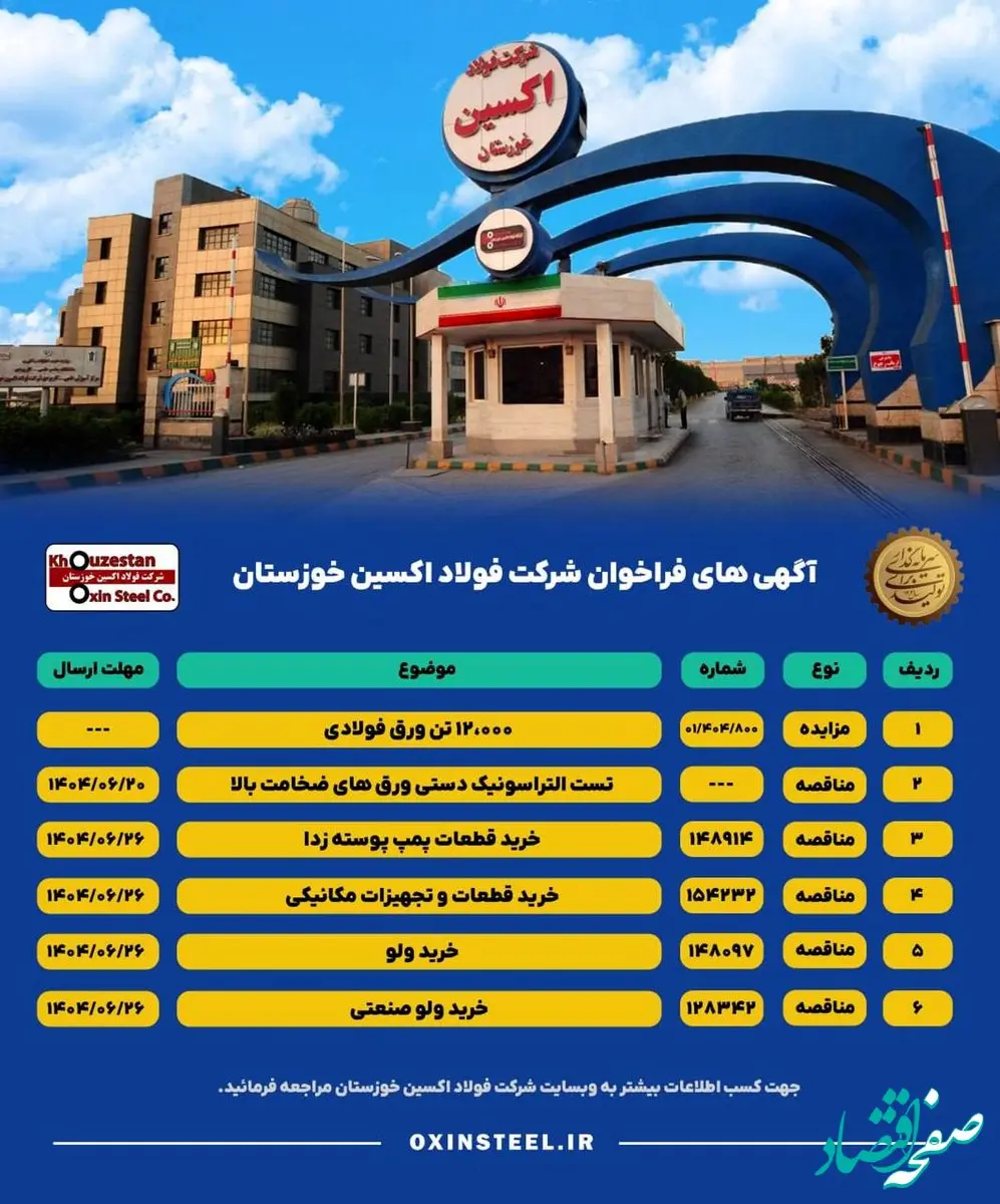 آگهی های فراخوان شرکت فولاد اکسین خوزستان