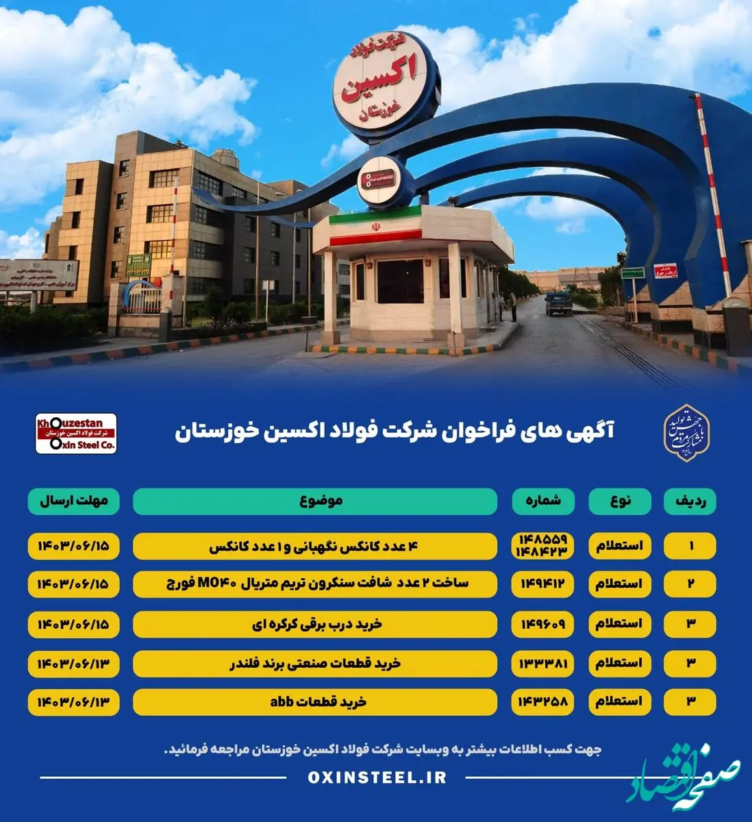 آگهی های فراخوان شرکت فولاد اکسین خوزستان