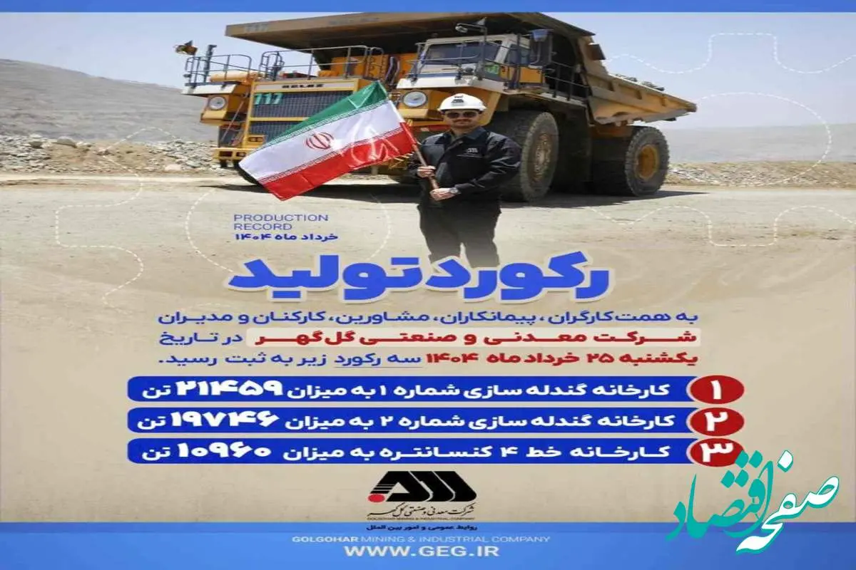 رکورد تولید روزانه کارخانجات شرکت معدنی و صنعتی گل گهر ، در تاریخ یکشنبه ۲۵ خردادماه ۱۴۰۴