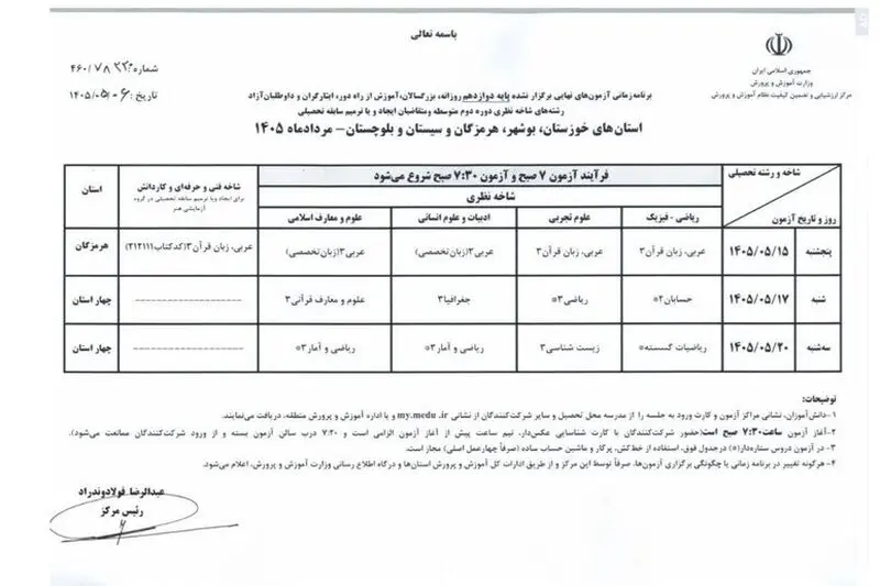 اعلام برنامه امتحانات نهایی برگزار نشده پایه دوازدهم ۴ استان جنوبی
